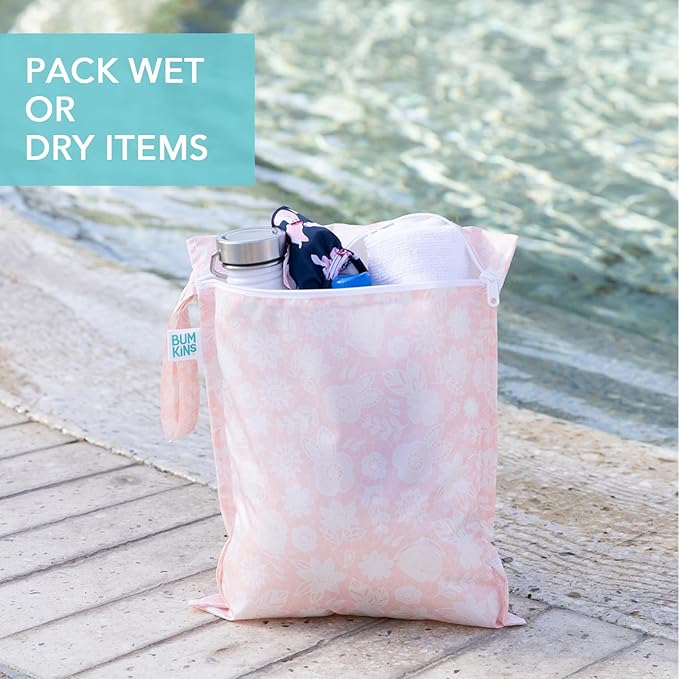 Bumkins Waterproof Wet Bag for Baby, Travel, Swim Suit, Cloth Diapers, Pump Parts, Pool, Beach, Gym Clothes, Toiletry, Hook to Stroller, Daycare, Zipper Reusable Wetdry Packing Pouch, Lace Pink
