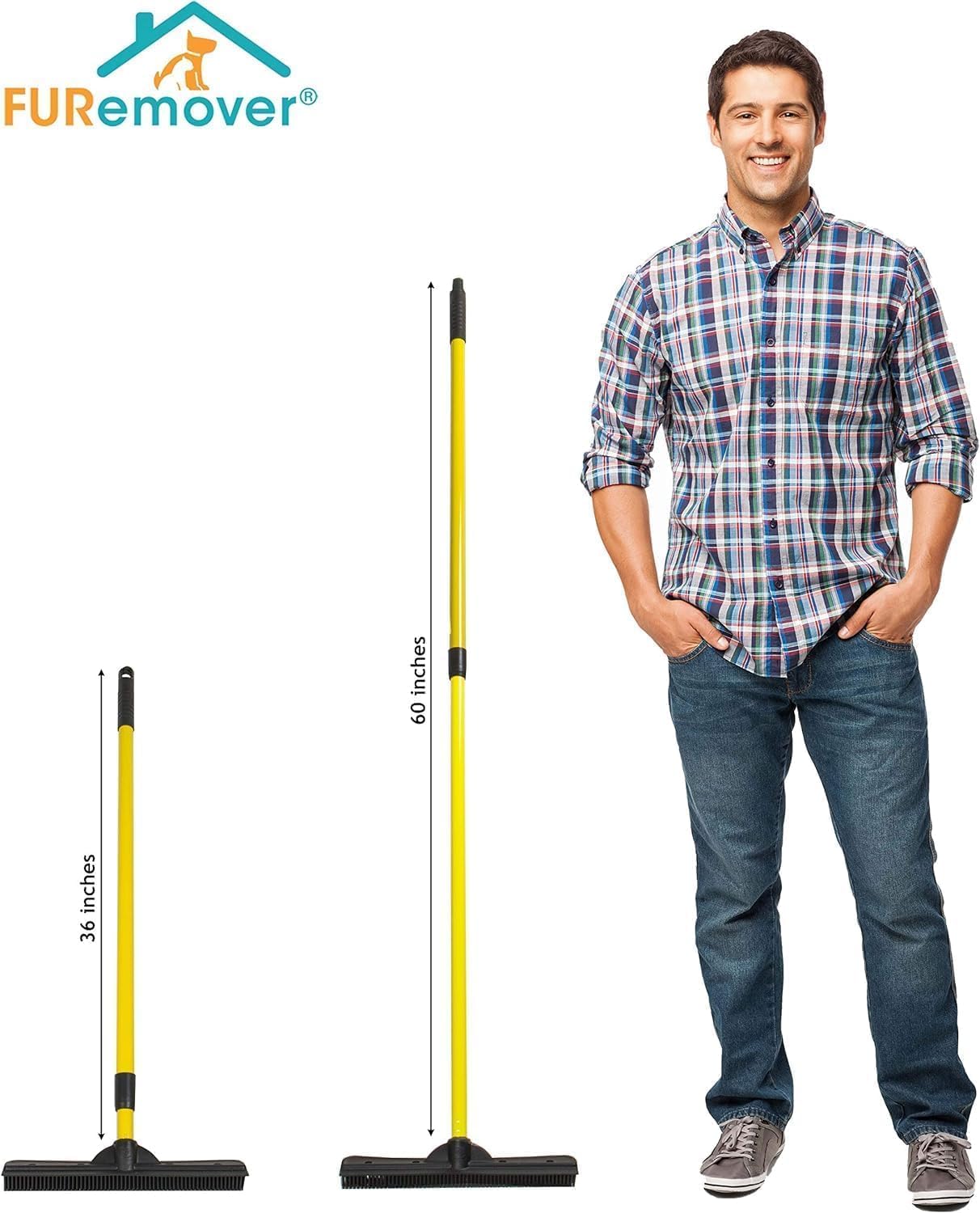 FURemover Original Pet Hair Rubber Broom with Squeegee, with 58” Telescopic Handle for Carpet, Tile and Hardwood and Scrub Cloth Combo