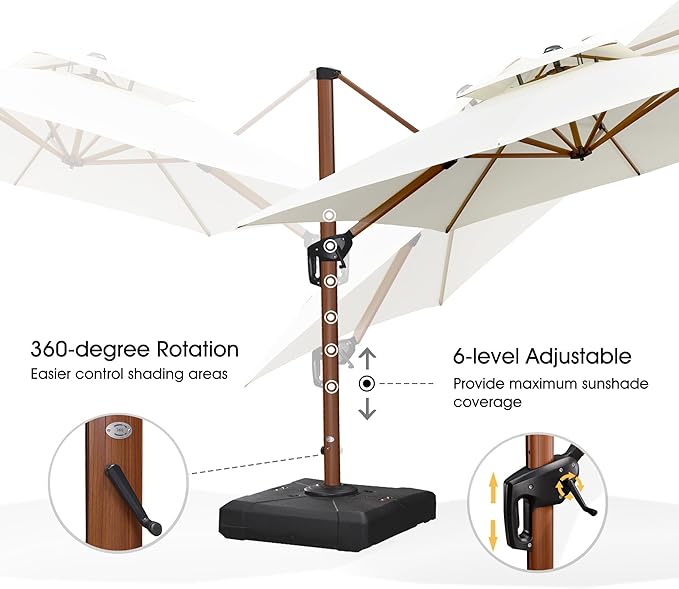 PURPLE LEAF 10' X 13' Double Top Deluxe Wood Pattern Rectangle Patio Umbrella with Base Offset Hanging Umbrella Outdoor Market Umbrella Garden Umbrella, Cream