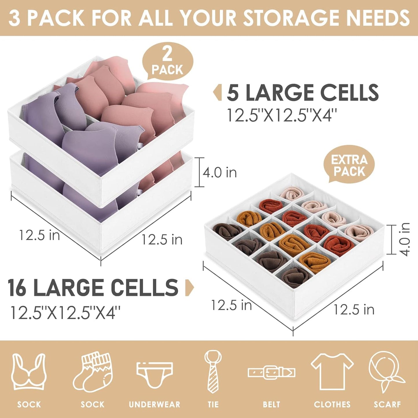 3 Pack Bra Underwear Drawer Organizer Dividers, 26 Cell Fabric Foldable Dresser Closet Organizers and Storage Boxes for Baby Clothes, Bra, Socks, Underwear, Ties (5+5+16 Slots, White)