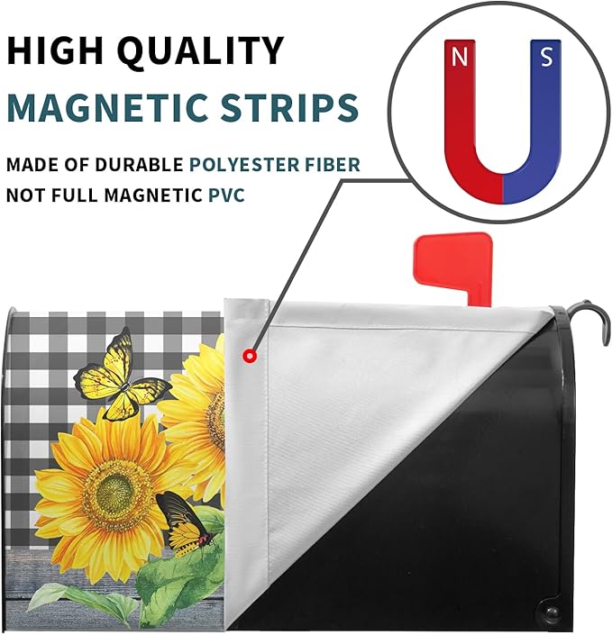 Sunflower Butterfly Magnetic Mailbox Cover Summer Flower Black White Buffalo Plaid Mailbox Cover Large Size 25.5" x 21" Yellow Floral Post Letter Box Wraps for Outdoor Garden Yard Home Decor