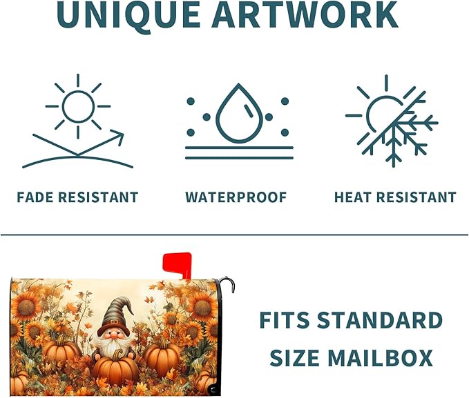 Fall Gnome Mailbox Cover Magnetic Large Size 25.5x21 inch Autumn Pumpkin Sunflower Post Letter Box Wrap Seasonal Dust-Proof Letterbox Covers Protection for Home Outdoor Garden Yard