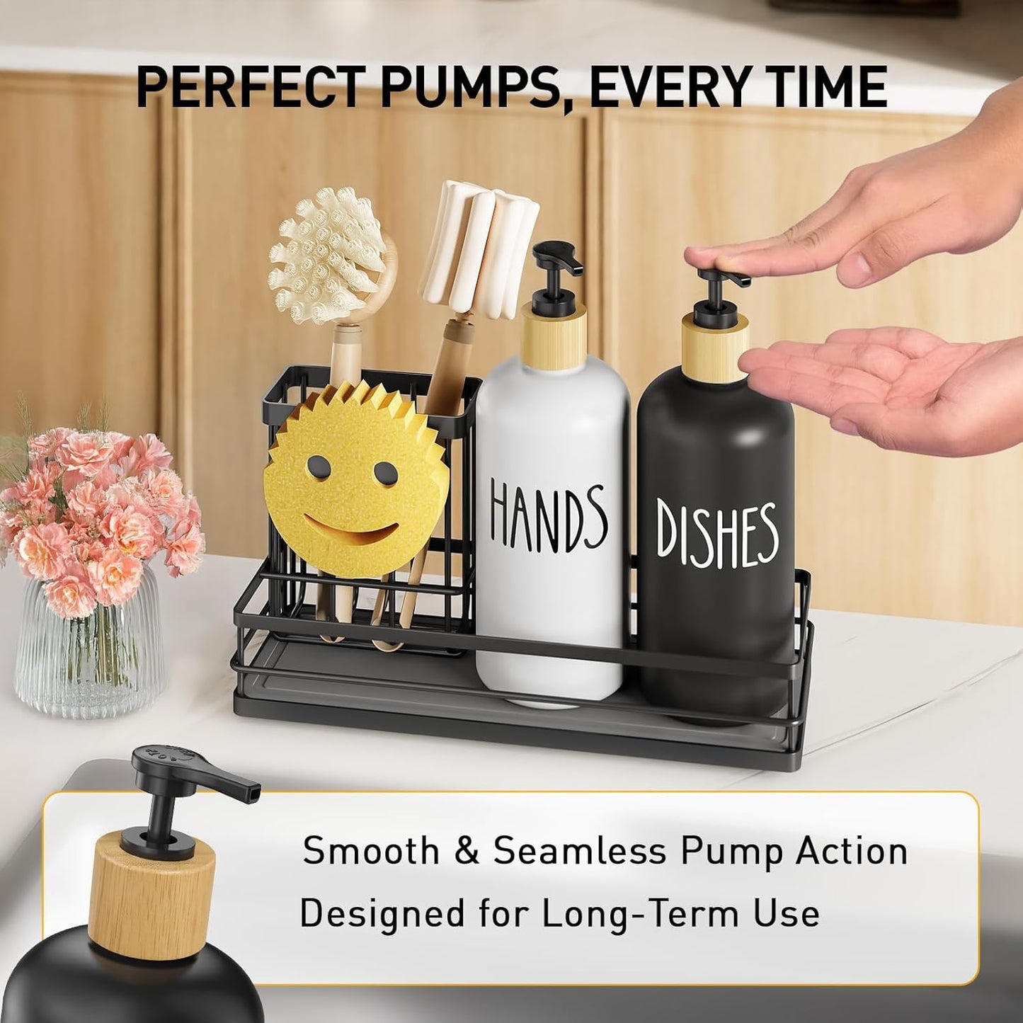 Moforoco Kitchen Dish Soap Dispenser Set, 16OZ Glass Bottle, Hand and Dish Soap Dispenser Set, Instant Dry Tray, Non-Slip Silicone Pad, Brush Holder with Smiley Face Sponge Holder, Kitchen Decor