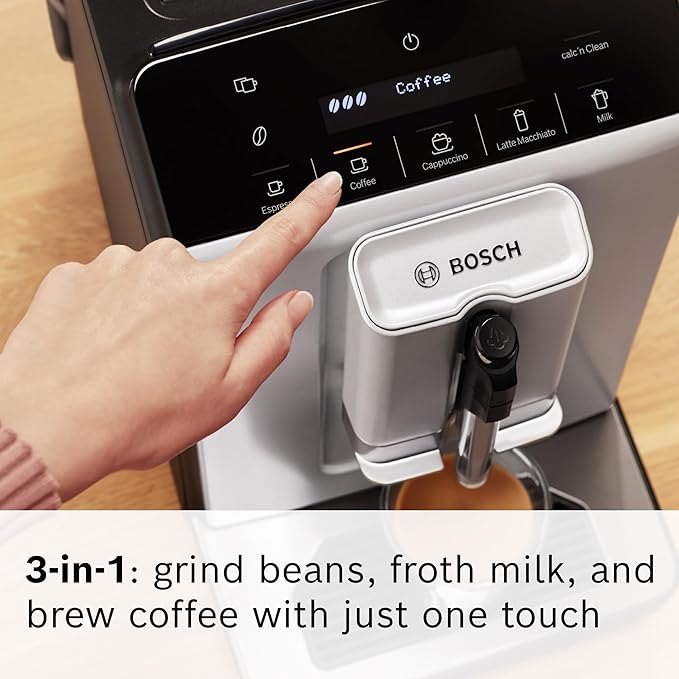 Bosch 300 Series Fully Automatic Espresso and Coffee Machine – In-Cup Frother, OneTouch Milk Drinks, 5 Drink Options, Ceramic Grinder, Easy Clean & Descale, in Silver TIU20307