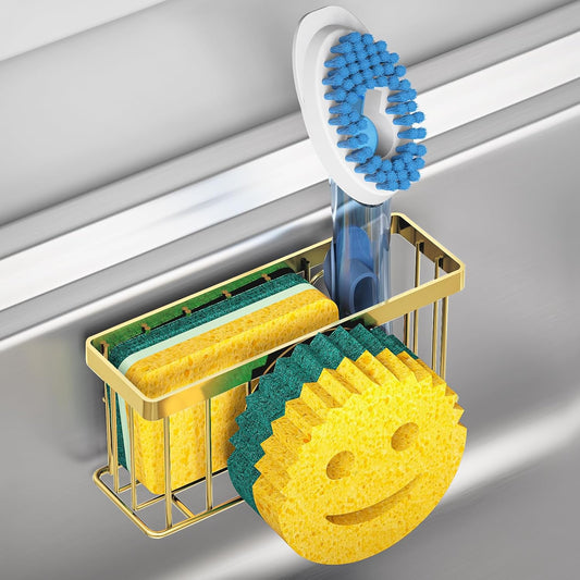 Sponge Holder Smiley Face,Sink Caddy,Sink Organizer with 2 Suction Cups/1 Adhesive Strips,Designed for Sponge,Soap,Dish Brush,Scrubber-Gold
