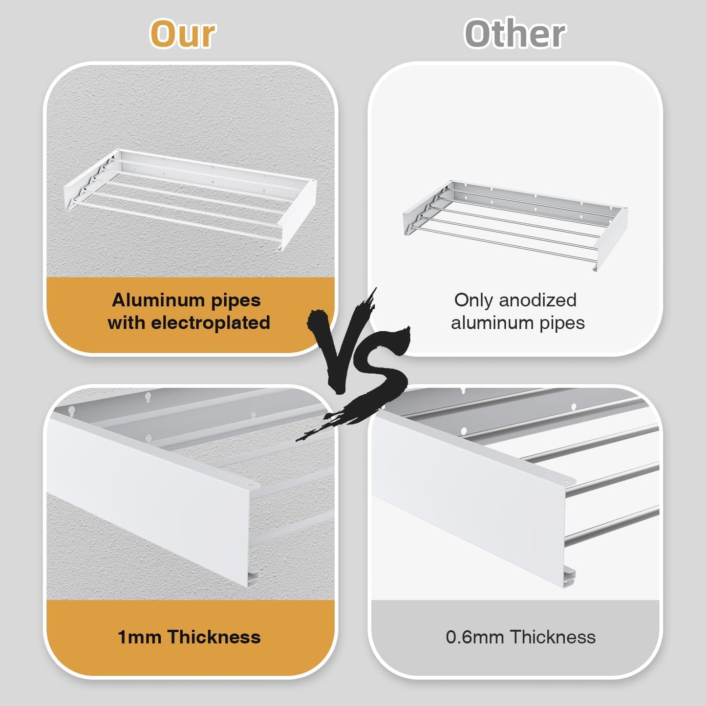 Laundry Drying Rack, Collapsible Wall Mounted Clothes Drying Rack - Foldable,Space Saving, 13.2 Linear Ft, 5 Aluminum Rods, 60 lb Capacity (White, 40")