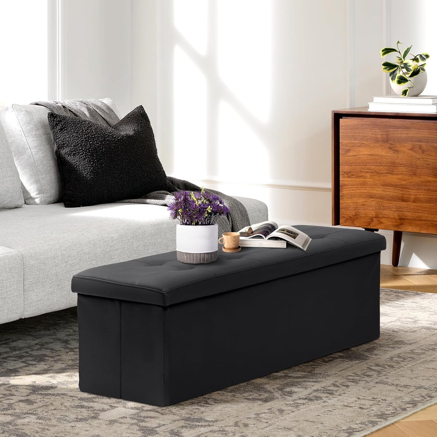 Athena Collection 43" Storage Ottoman Bench Folding Bench with 130L Hidden Storage, Large End of Bed Bench PU Leather Foot Rest Stool Chest with Flipping Lid for Living Room, Bedroom, Entryway, Black