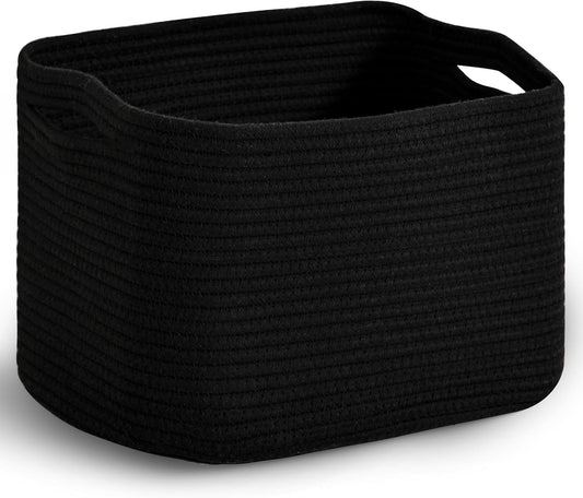 Woven Cotton Rope Storage Basket for Organizing, Cute Decorative Baskets for Gifts Empty, Organizer Bins for Dog Toy, Baby Laundry, 15“×11”×9.5“, Black
