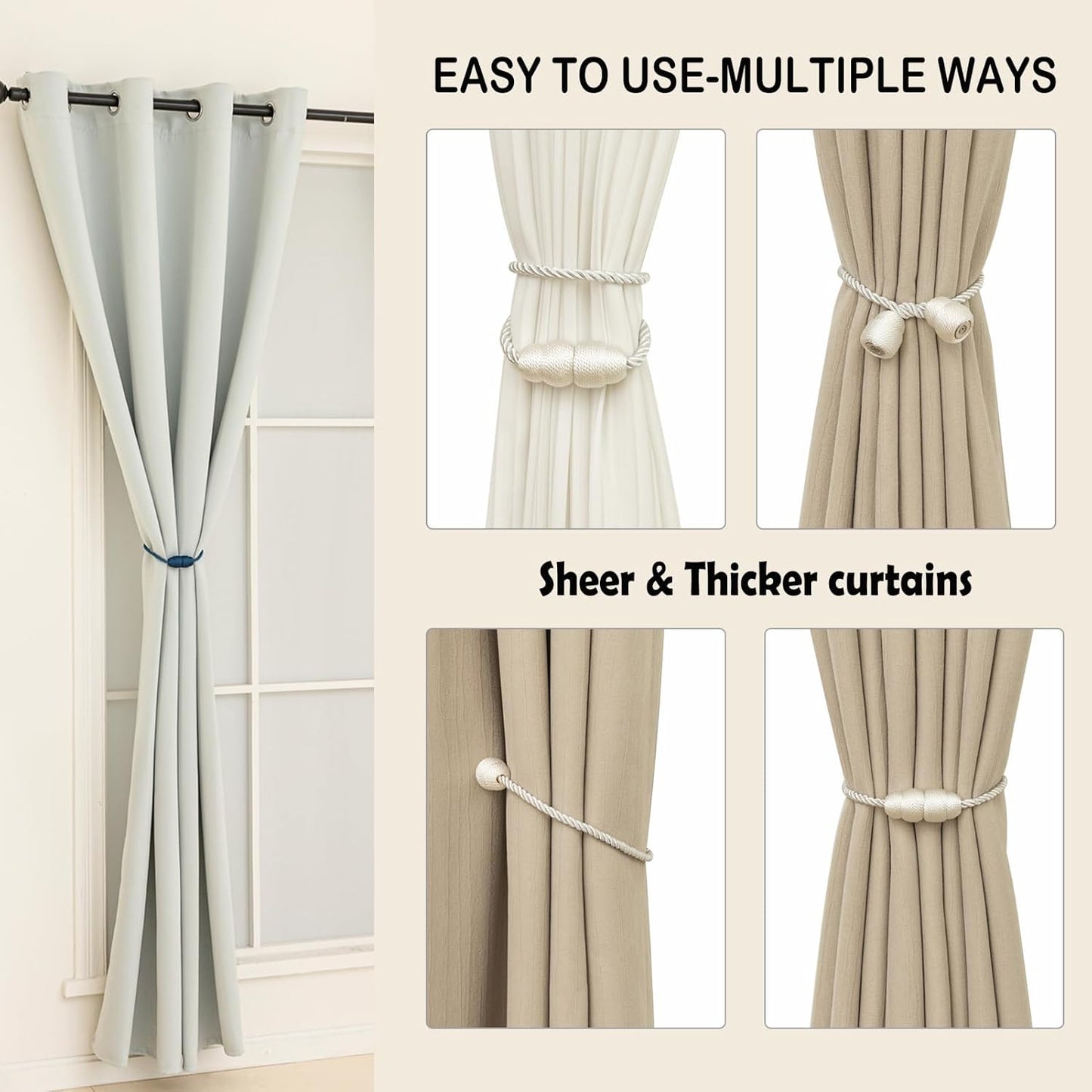 Magnetic Curtain Tiebacks Rope Curtain Tie Backs for Curtains 8 Pack Curtain Holders for Drapes Decorative Window Curtain Holdbacks, White