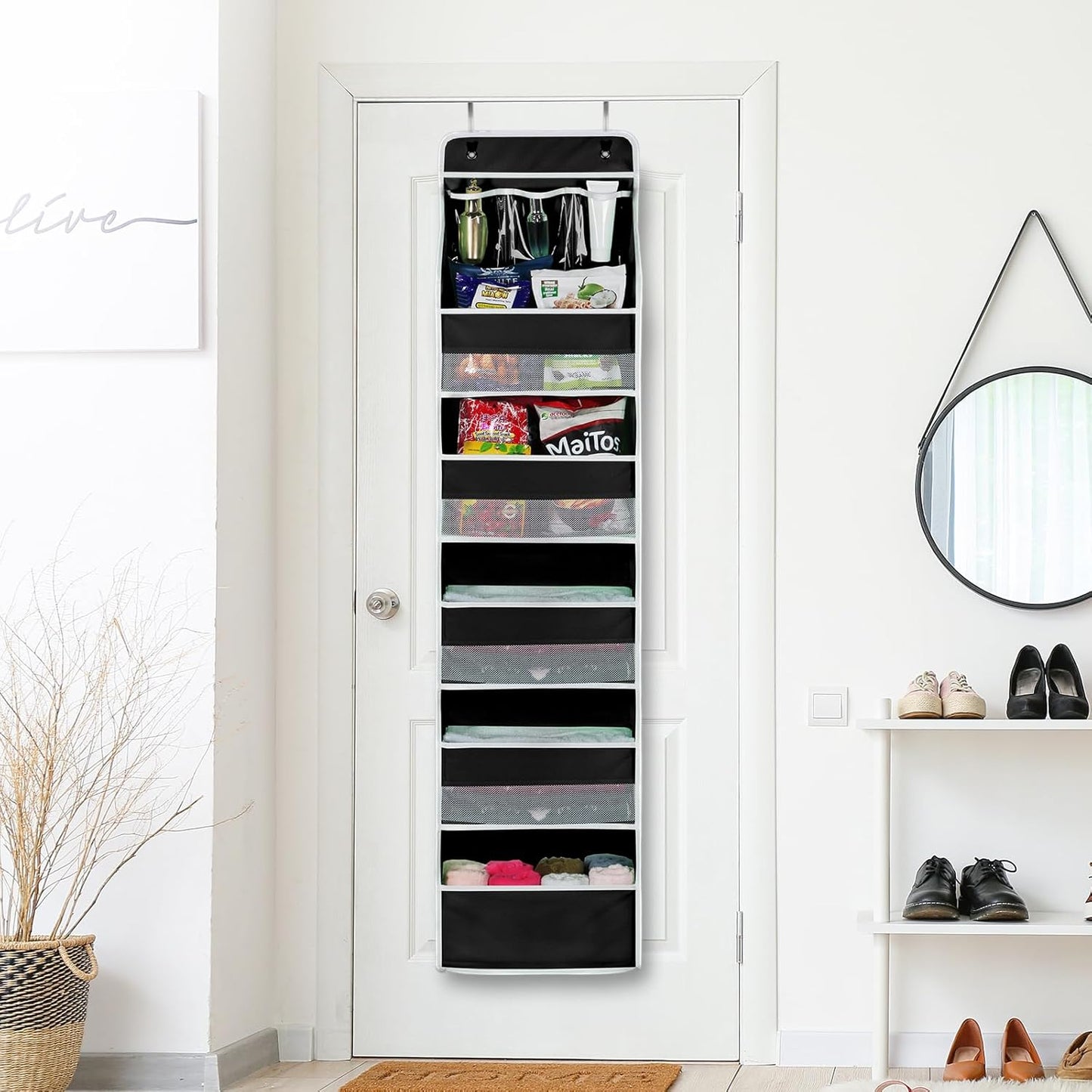 Univivi 6-Shelf Over Door Hanging Organizer Fabric Baby Door Storage with 5 Large Pockets and 3 Small PVC Pockets Wall Mount Hanging Storage Organizers for Baby Essential (Black)