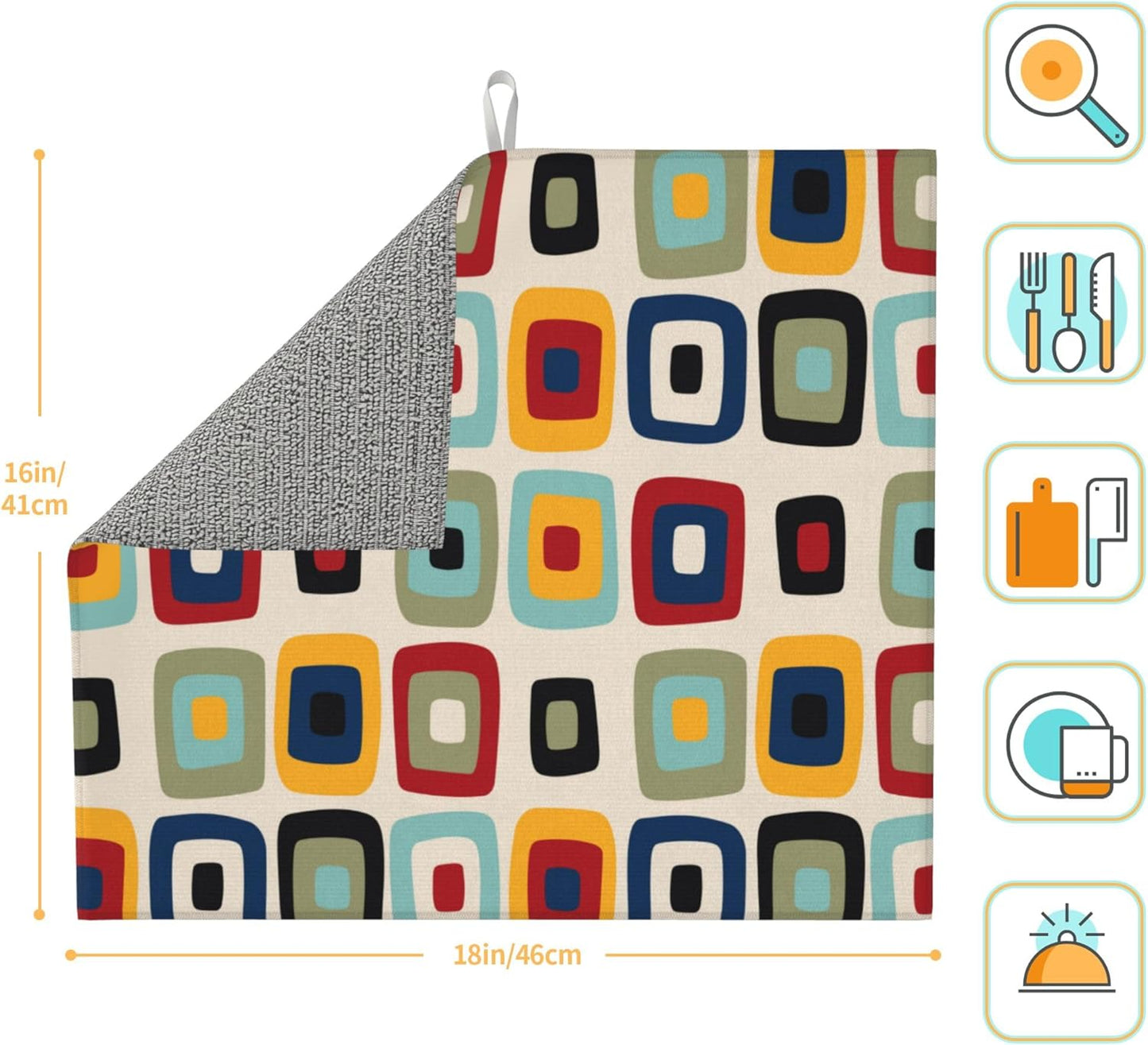 Mid Century Modern Retro Kitchen Drying Mat Microfiber Dish Drainer Mat for Kitchen Counter Absorbent Reusable Washable Vintage Decorative Drying Pad 16x18 Inch