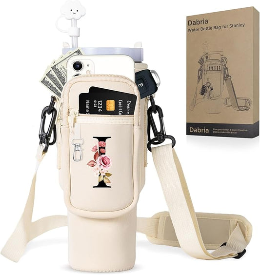 dabria Initial A-Z Water Bottle Bag with Phone Pocket for Stanley 40 oz Tumbler Neoprene Water Bottle Holder Pouch with Adjustable Strap Bollus with Straw Cover & Carabiner for Stanley Cup Accessories