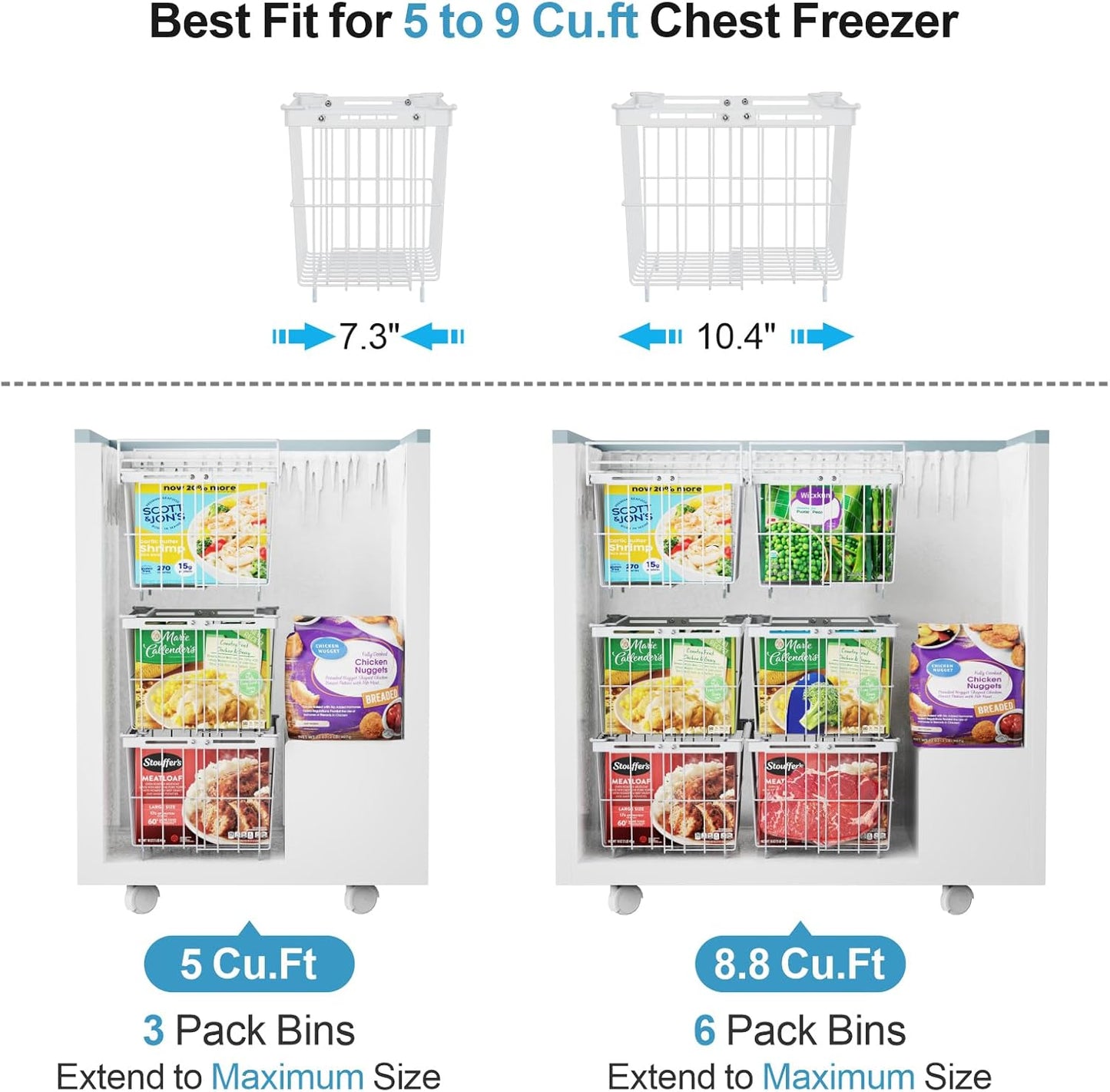 iSPECLE Freezer Organizer Bins - 1 Pc Hanging Basket & 2 Pcs Adjustable Wider & Deeper Chest Freezer Organizer Bins for 5 to 9 Cu Ft, Extra Large & Easy Organize Stackable Basket Store More, White