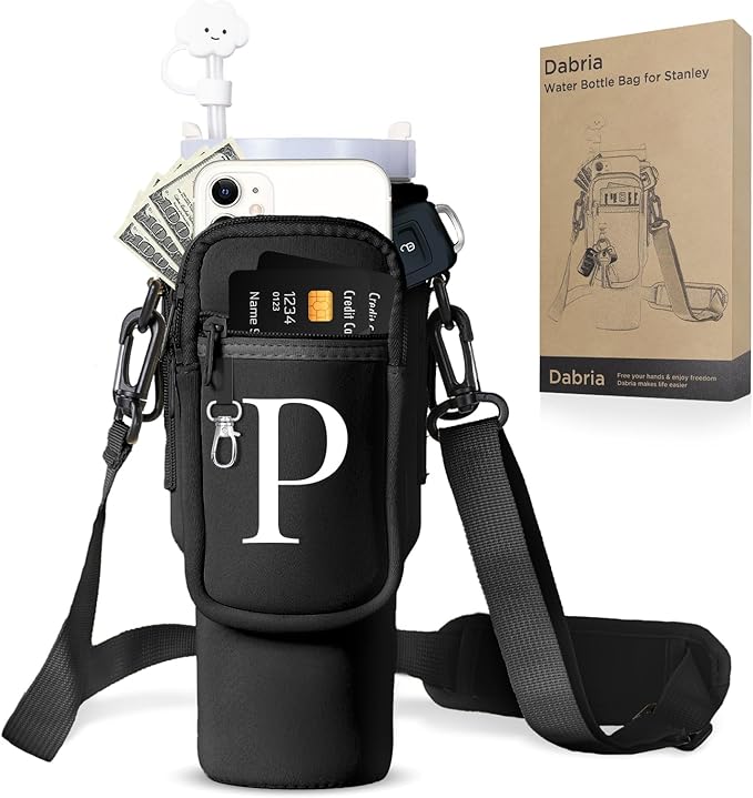 dabria Initial A-Z Water Bottle Bag with Phone Pocket for Stanley 40 oz Tumbler Neoprene Water Bottle Holder Pouch with Adjustable Strap Bollus with Straw Cover & Carabiner for Stanley Cup Accessories