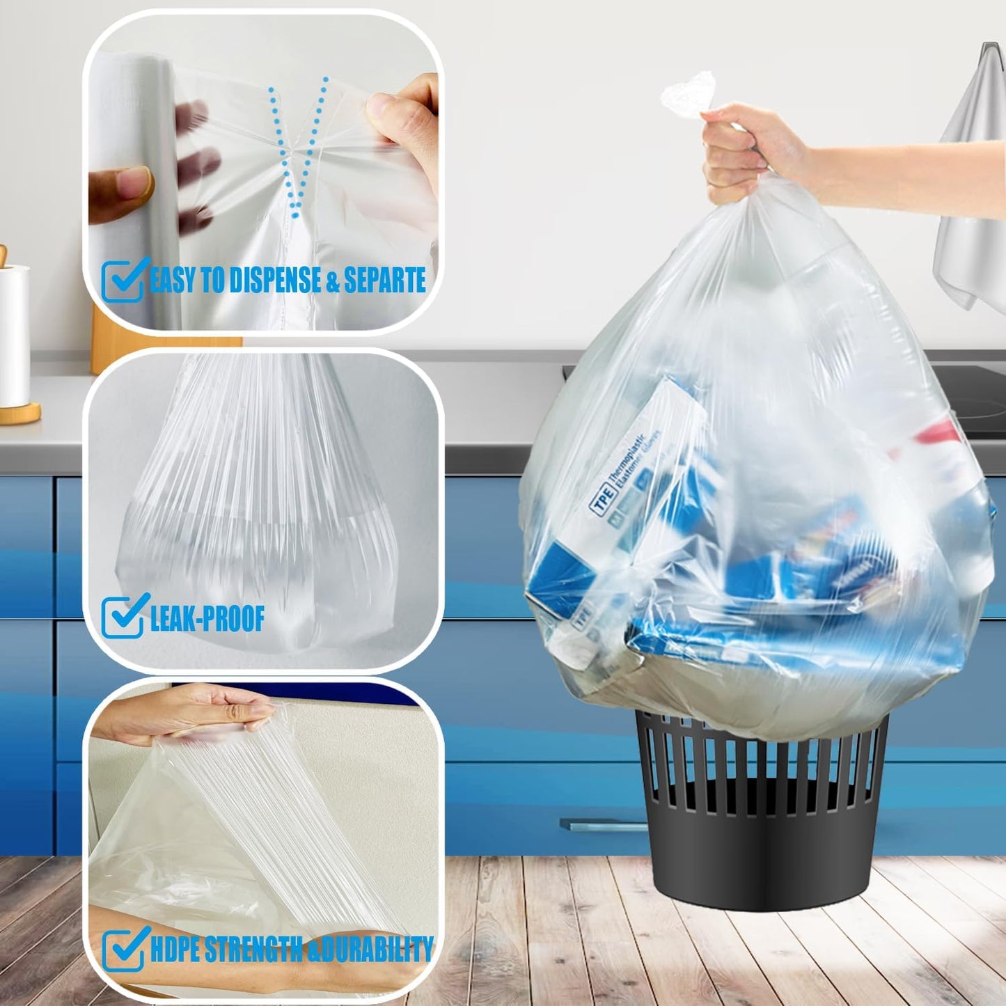Trash Bags 13 Gallon, 250 Count Bulk, Clear Plastic Recycling Garbage Bags, Multi-purpose Tall Kitchen Trash Bags Can Liners for Business Home Commercial and Industrial