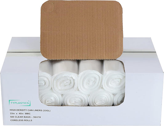 TYPLASTICS 33 Gallon Clear Trash Can Liners - 33" x 40" - High Density Garbage Bags - Case of 500 - Multipurpose for Office, Outdoor, Recycling, Industrial and Commercial