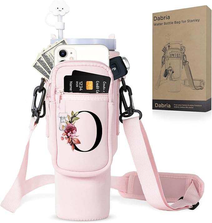 dabria Initial A-Z Water Bottle Bag with Phone Pocket for Stanley 40 oz Tumbler Neoprene Water Bottle Holder Pouch with Adjustable Strap Bollus with Straw Cover & Carabiner for Stanley Cup Accessories