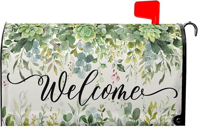 Spring Eucalyptus Leaves Mailbox Covers Magnetic Welcome Post Letter Box Wrap Standard Size 21''x18'' Green Leaves Summer Dust-Proof Letterbox Decor Seasonal Postbox Cover for Outdoor Garden Yard