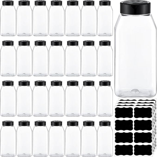 Mifoci 28 Pack 16 oz Plastic Spice Jars with Cap Square Plastic Bottle Containers with Shaker Lids and Stickers Large Seasoning Shaker Empty Powder Storage Container for Storing Salt Herbs (Black)