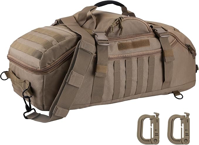 Travel Gym Duffle Bag Tactical, Gear Bag for Men Women, Large Duffle Bag for Travel, 3 in 1 Shoulder Bag Backpack Handbag for Sports Hiking Camping, Water Resistant & Easy Clean (Khaki, 55L)