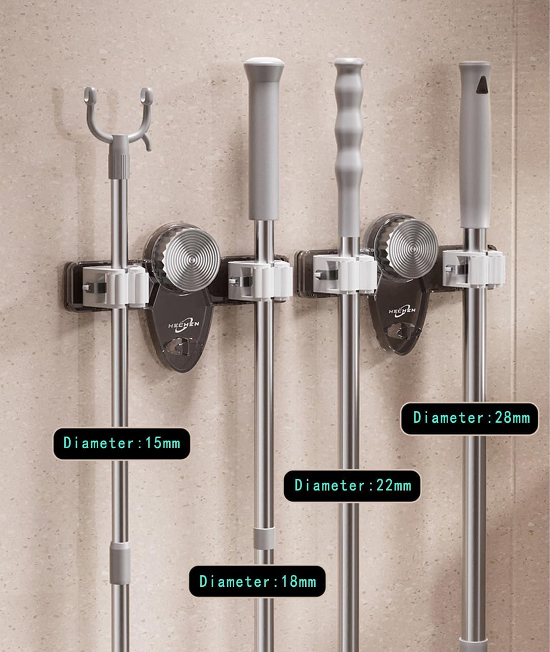 Mop and Broom Holder Wall Mount, No Punching Required Broom and Mop Organizer Wall Hanging with Hooks for Bathroom, Laundry Room, Garage, Kitchen,Garden Tool Organizer Storage (2pcs Gray)