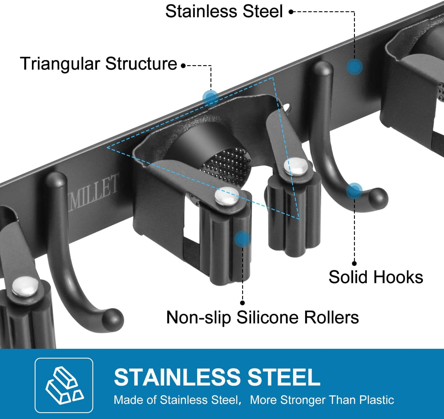 IMILLET 2 Pack Broom and Mop Holder Wall Mounted, Broom Holder Stainless Steel Broom Organizer Heavy Duty Tools Organizer Self Adhesive for Laundry Room Garage Garden（5 Racks and 4 Hooks）