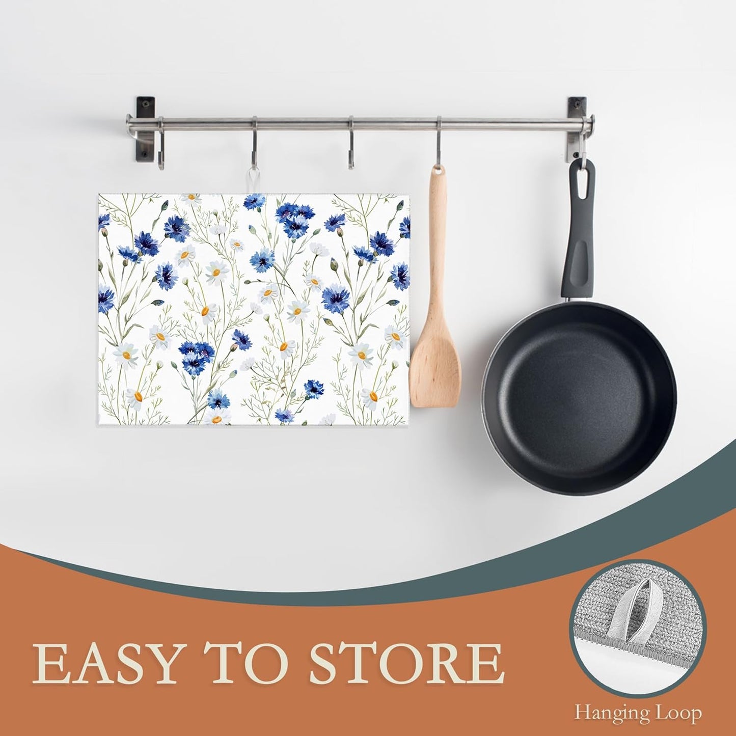 Wildflowers Dish Drying Mat,Watercolor Poppy Cornflower Drying Rack Pad Countertop Dishes Ultra Absorbent Microfiber Kitchen Counter Mat for Coffee Countertop Decor 18x24 Inch