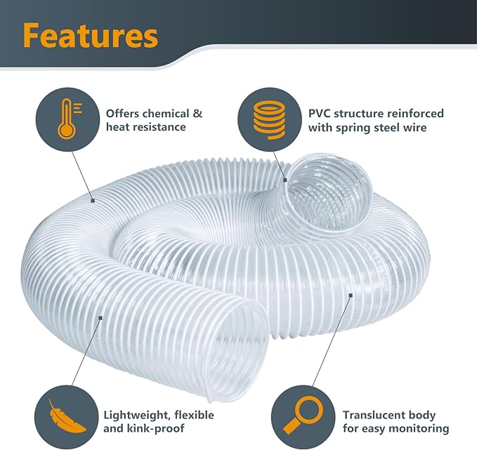 POWERTEC 4" x 5' Dust Collection Hose with 2pcs Key Hose Clamps for Table Saw, Band Saw, Planer, Jointer, Woodworking and Wood Shop Dust Collection System (70393)