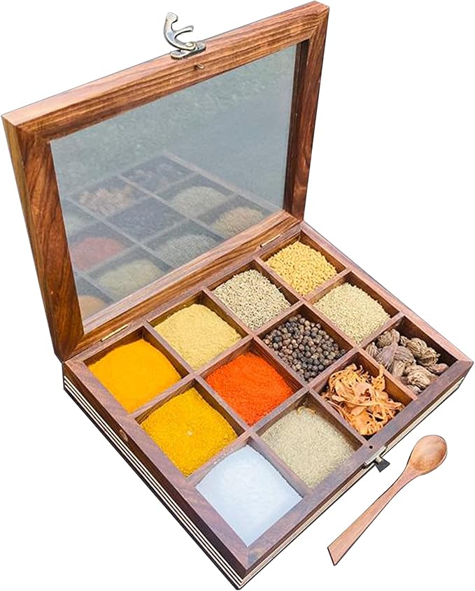 DEALS - ABHANDICRAFTS Wood Spice Box for Kitchen Table Top Masala Box with 12 Compartment and Spoon Multipurpose storage Box for Spices, Herbs (AB-MASALABOX-2)