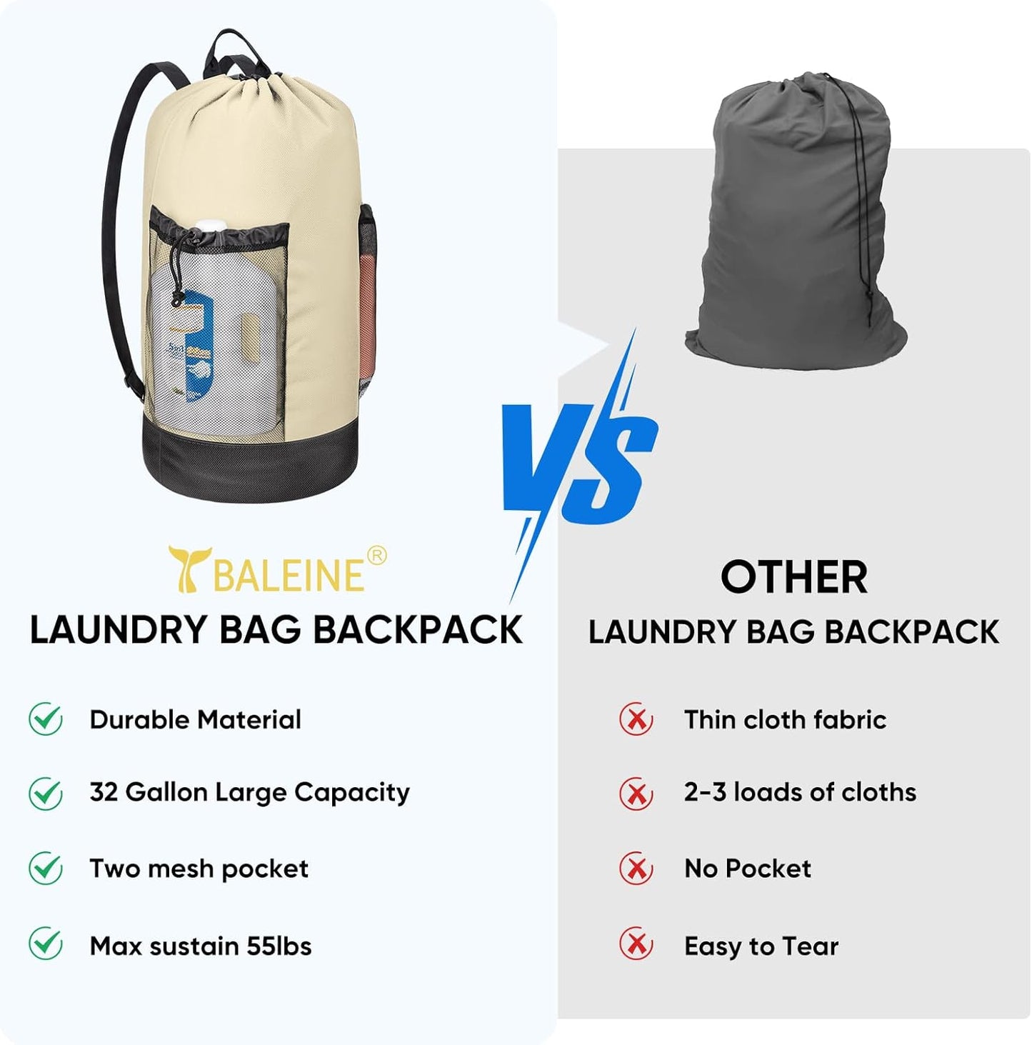 BALEINE 120L Laundry Bag Backpack, 900D Oxford Fabric Large Travel Laundry Bags with Shoulder Straps and 2 Mesh Pockets for College Dorm, Apartment, Laundromat (Beige, 120L)