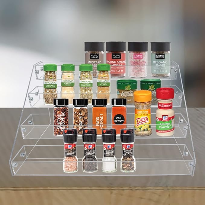 PMMASTO Tiered Spice Rack, Seasoning Organizer, Clear Acrylic Vertical Shelves Can Organizer for Countertop, Cabinet, Pantry, Kitchen Organization and Storage - 4 Tier