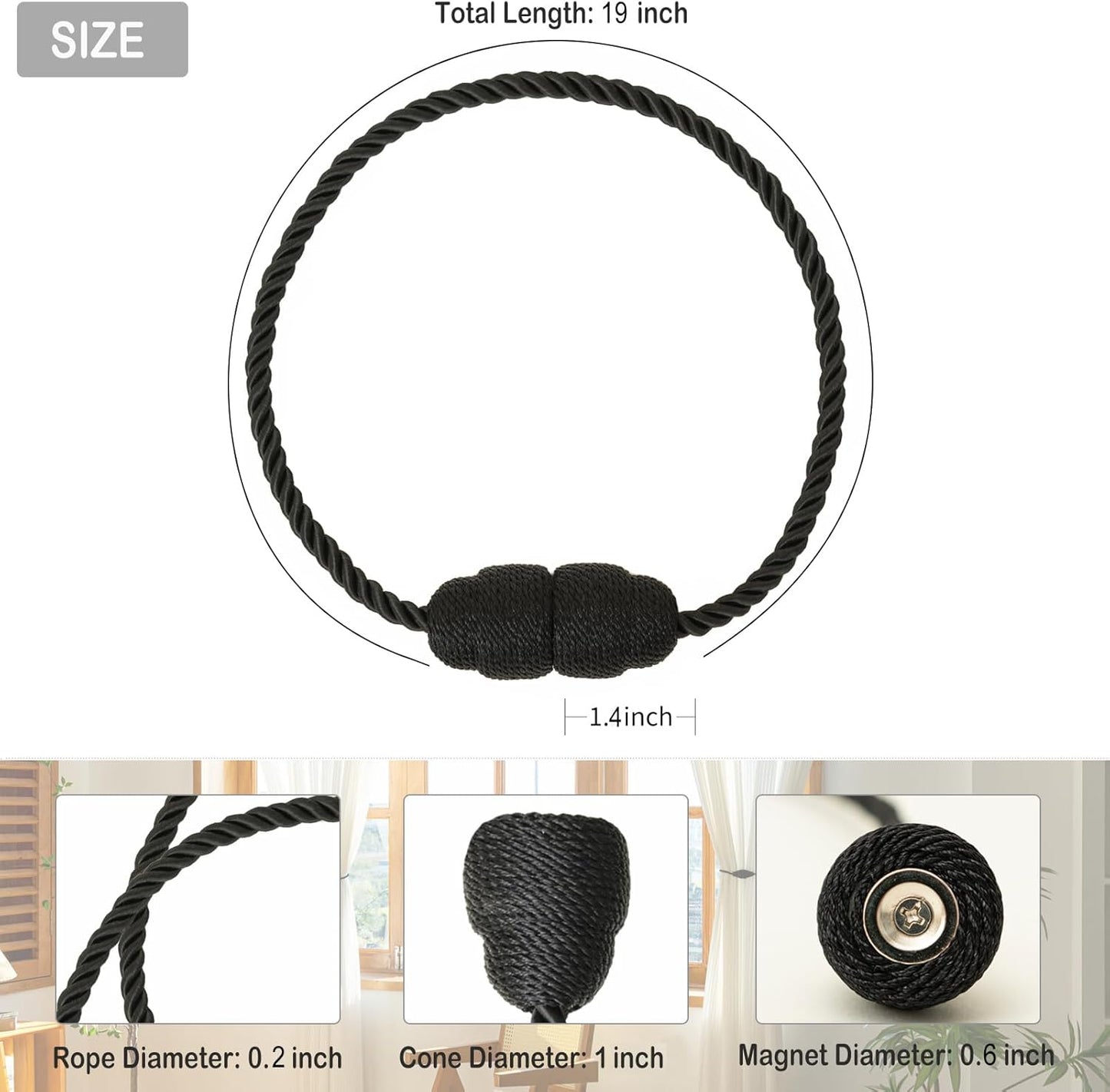 Magnetic Curtain Tiebacks Rope Curtain Tie Backs for Curtains 6 Pack Curtain Holders for Drapes Decorative Window Curtain Holdbacks, Black