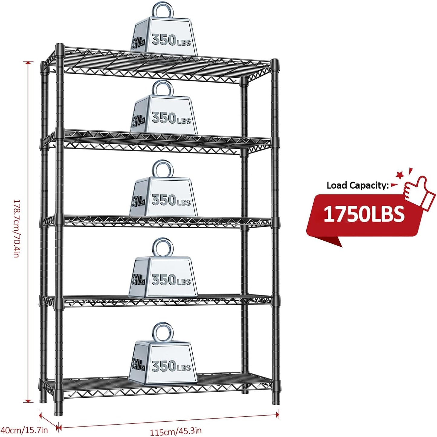 IZEUK 1750 LBS Garage Shelving Wide Storage Shelves Metal Shelves Heavy Duty Adjustable Utility Shelf Rack (Black, 5 Tier, 15.7" D x 45.3" W x 70.9" H)