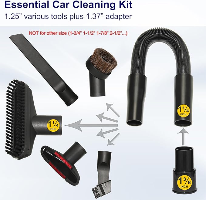 Portek 1 1/4" Car Details Kit with 1 3/8" Vac Hose Adapter, 1-1/4 Inch Universal Home Car Attachments Cleaning Tools and 1-3/8 Inch Adaptor as Shop Vac Miele Eureka Vacuum Cleaner Accessories