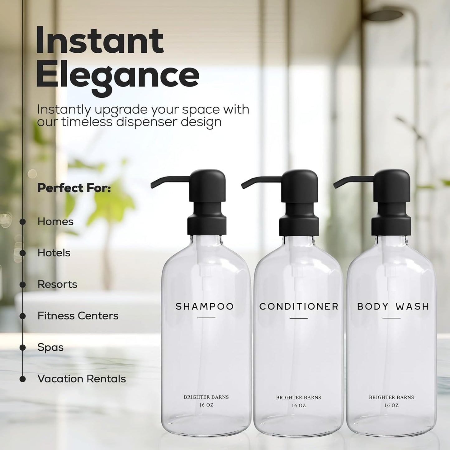 Clear Shampoo and Conditioner Dispenser Set by Brighter Barns - Body Wash, Shampoo Dispenser for Shower with Pump - Refillable Plastic Shower Bottles for Bathroom Decor in Home, Airbnb, Hotel (Clear)