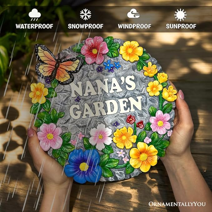 Elegant Resin Stepping Stone, Outdoor Garden Pathway Decoration (Nana’s Garden Floral Stepping Stone, 9.5" Decorative and Gift for Grandmother)