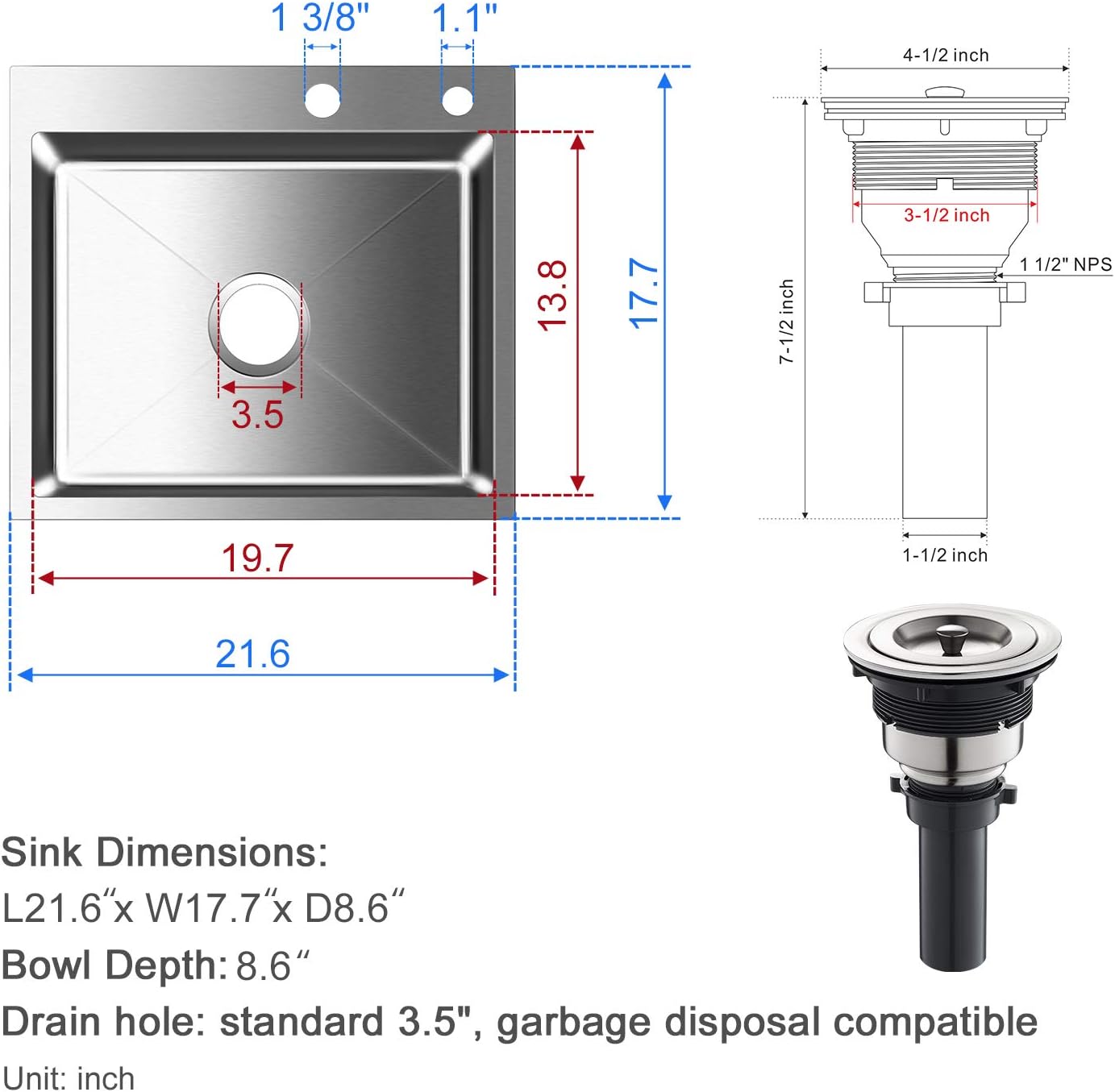 21.6x17.7 inch Drop in Kitchen Sink, Handmade 304 Stainless Steel Sink with 2 Holes, 8.6" Deep Single Bowl, R10 Tight Radius, Topmount Kitchen Sink with Basket Strainer Drain, Brushed