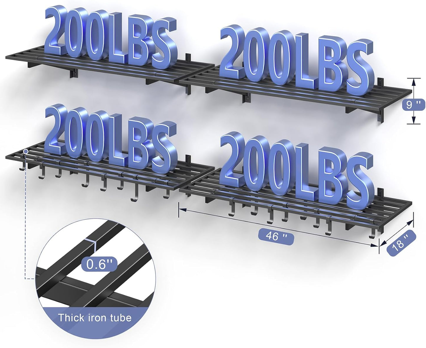 4-Pack 1.5x4ft Garage Shelving Wall Mounted, 1.5 x 4' Heavy Duty Garage Storage Shelves with Hooks, 800LB Capacity