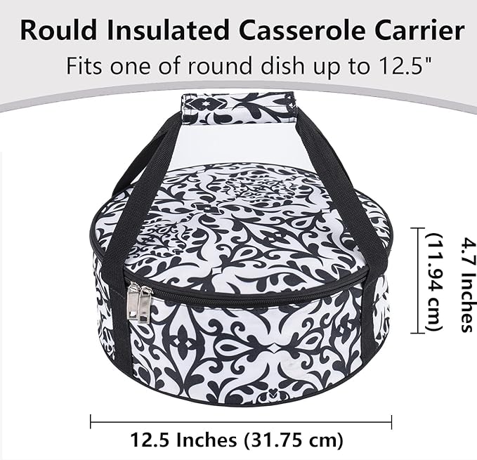 Round Portable Insulated Thermal Dish Carrier Bag for Pie and Cake Transport to Keep Food Hot/Cold/Fresh for Lunch, Potlucks Parties Gathering,Cookouts,Church Dinner,Outdoor Events-Black