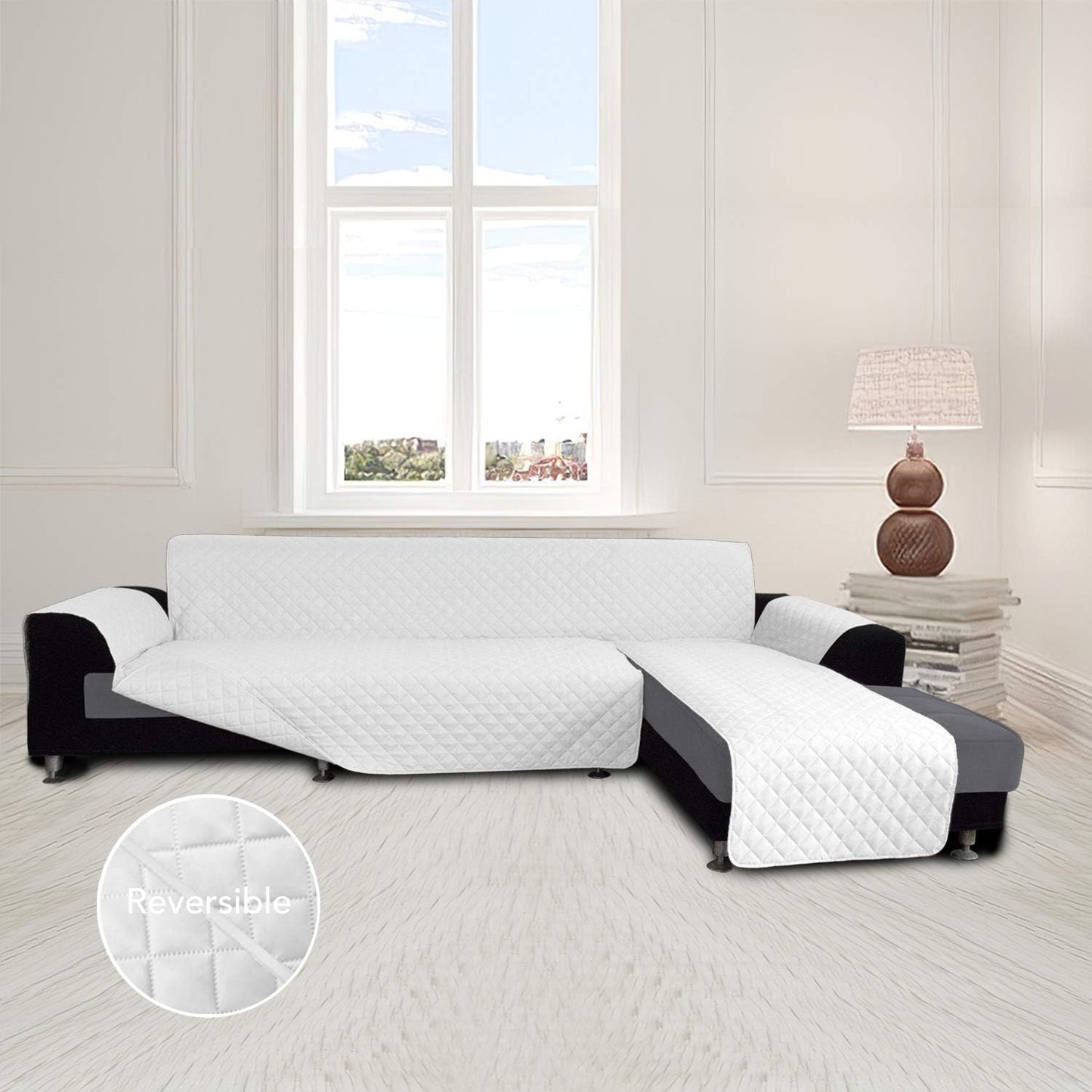 Easy-Going L Shape Sofa Slipcover - Sectional Couch Cover with Chaise & Reversible Sofa Cover for Pets & Kids (X-Large, White/White)