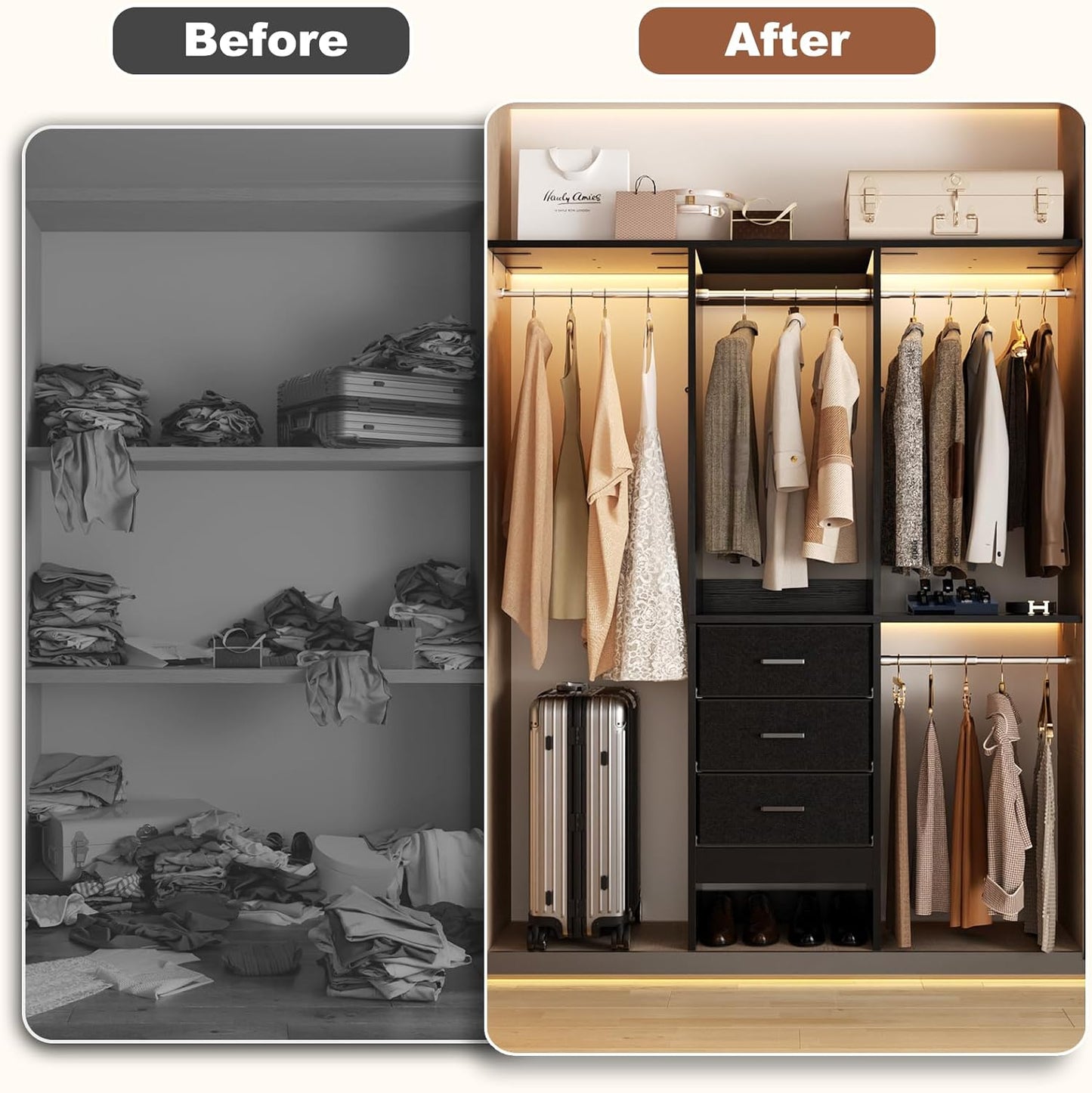 4FT Small Closet System with 3 Fabric Drawers, 48'' Closet Organizer System With 3 Adjustable Shelves, Flexible Built-In Clothes Garment Rack for Small Space, 48" L x 13" W x 71" H, Black