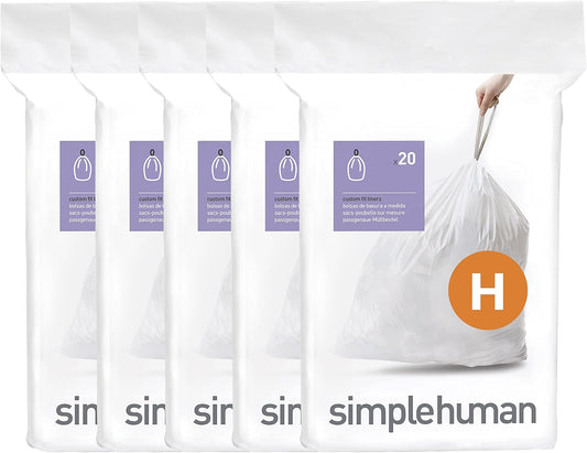 simplehuman Code H 100 Count, Dispenser Pack Custom Fit Liners, Drawstring Trash Bags, 30-35 Liter / 8-9 Gallon, White
