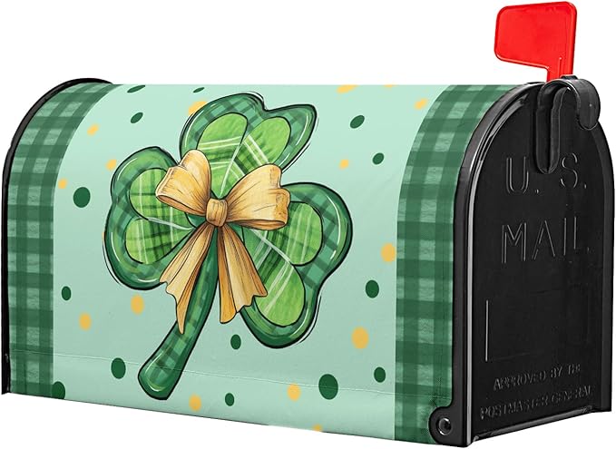 St Patrick's Day Mailbox Cover Magnetic Lucky Clover Shamrocks Holiday Decorative Mail Box Post Covers Leaves Green Plaid Waterproof Letter Box Wraps for Farmhouse Outdoor Garden Decor 21x18 in