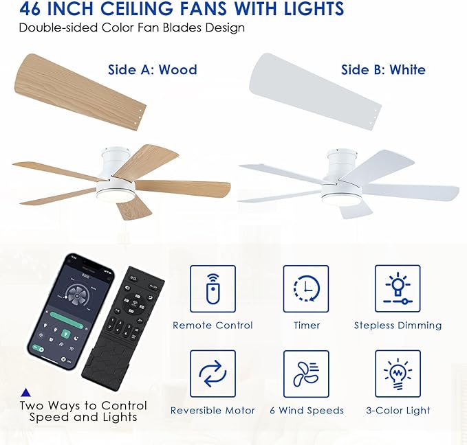 Ceiling Fans with Lights,46-Modern Low Profile Ceiling Fan with Remote Control,5 Dual-Sided Blades,Reversible DC Motor,White Flush Mount Ceiling Fan for Bedroom Indoor/Outdoor Use