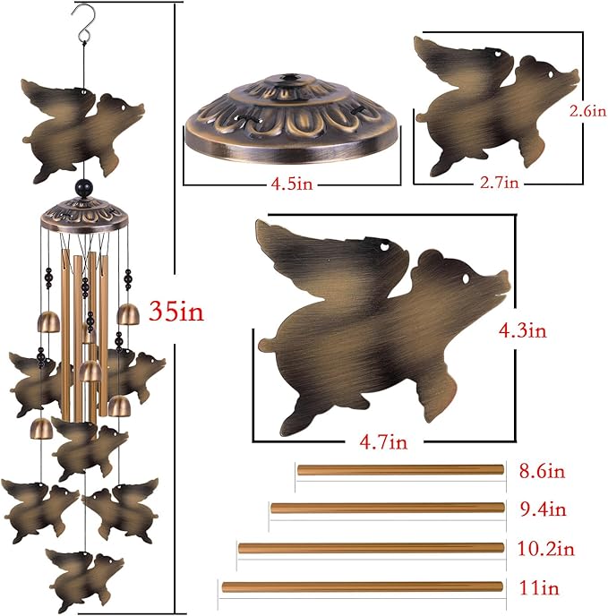 Outdoor Flying Pigs Wind Chimes Decor, Memorial Windchime, Bronze Wind Bells, Retro Wind Chime, Blessing Windchimes for Home, Balcony, Room, Xmas, Party, Indoor, Garden Decoration, Gifts for Mom