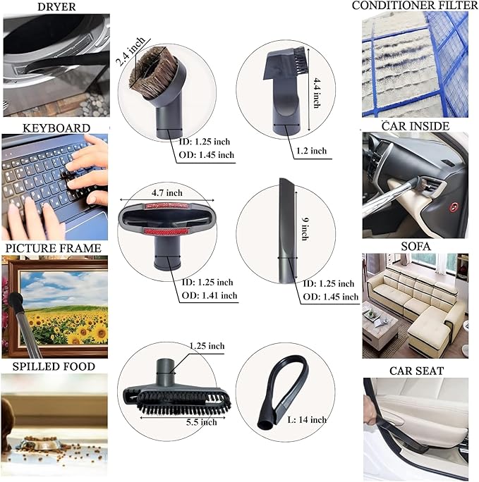 Replacement Vacuum Attachments & Brushes plus Universal Adapter Kit Compatible with Shop Vacs 2-1/4'' 1-7/8'' 1-3/8'' 1-1/4 Inch- Flexible Vacuum Crevice Attachment Tool for Shop Vac Accessories