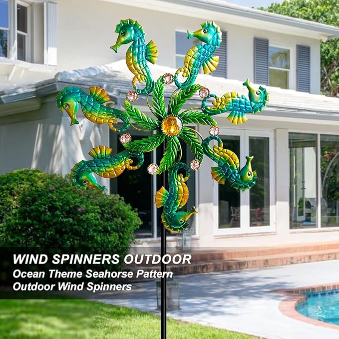 Seahorse Wind Spinners - 39" Ocean-Themed Metal Wind Sculptures Garden Stake Art, 13.5” Windmill Yard Kinetic, Outdoor Decor for Patio & Lawn - Metal Beach Sculpture with Seahorse Design