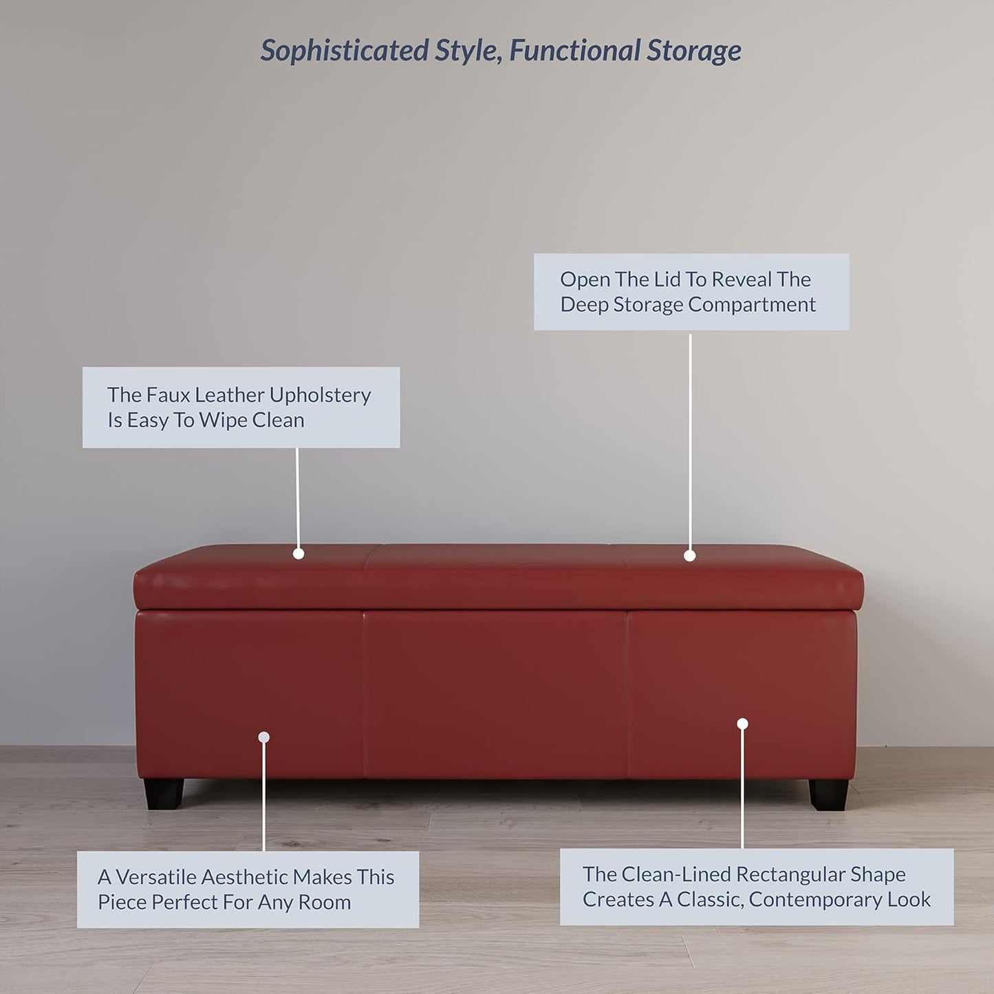 BELLEZE Storage Faux Leather Ottoman, 47 Inch Bench Bedroom Bench with Safety Close Hinge, Extra Long Ottoman with Storage for Living Room, Entryway, Hallway, Foot Rest, Support 300lbs - Red