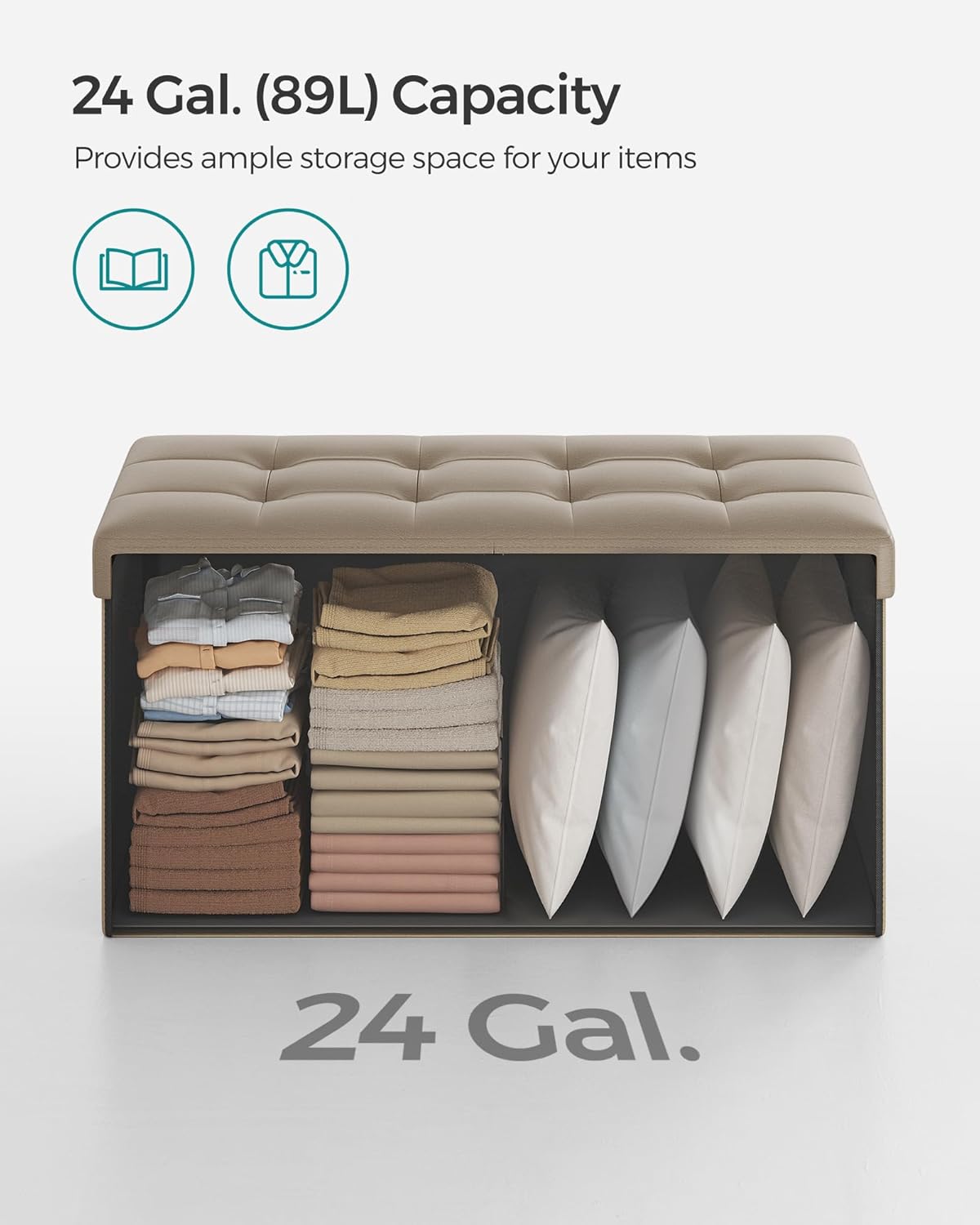 SONGMICS MAZIE Collection - 30 Inches Storage Ottoman Bench with Flipping Lid, Storage Chest Footstool, Load 660 lb, for Entryway, Living Room, Bedroom, Synthetic Leather, Camel Brown ULSF045K03