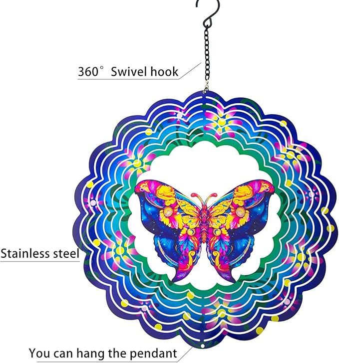 Butterfly Metal Wind Spinners - Butterfly Gifts for Women Mom Grandma Wife, Hanging Wind Spinner for Outdoor & Indoor Decorations, 12 inch for Ornament